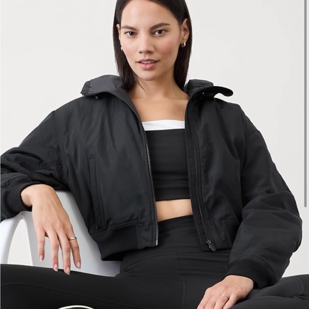 Athleta Black Cropped Hooded Lucent Bomber Jacket